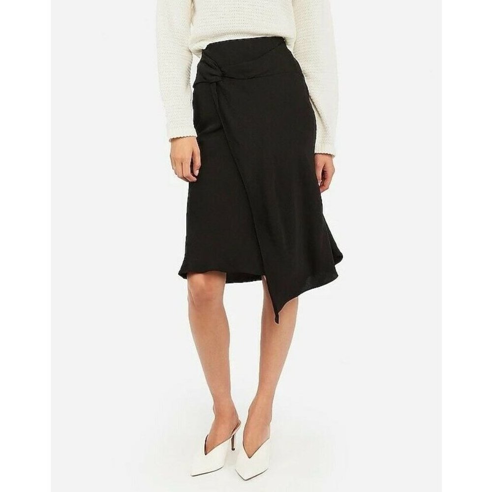 Express Satin Twist Front Asymmetric Midi Skirt XS